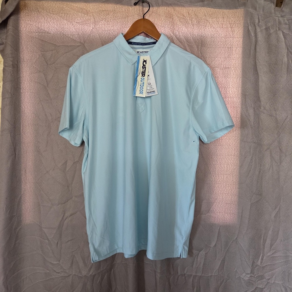 XCASTER Outdoor Polo Shirt Mens L Blue Mesh Lightweight Stretch Performance Top